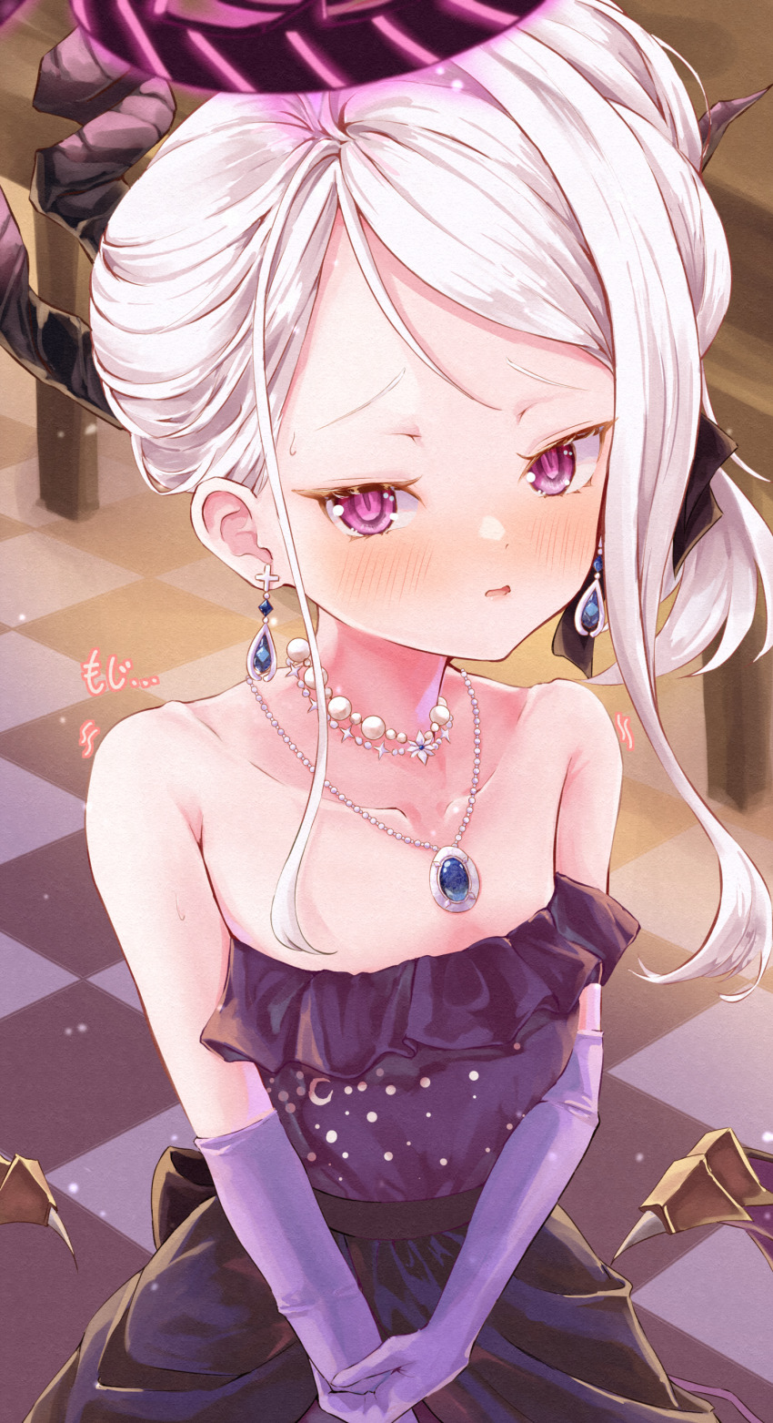 1girl absurdres bead_choker beads blue_archive blush demon_girl demon_horns dress earrings elbow_gloves forehead gloves hair_bun highres hina_(blue_archive) hina_(dress)_(blue_archive) horns jewelry looking_at_viewer necklace official_alternate_costume official_alternate_hairstyle open_mouth purple_dress purple_eyes purple_gloves re_inverse single_sidelock solo upper_body white_hair