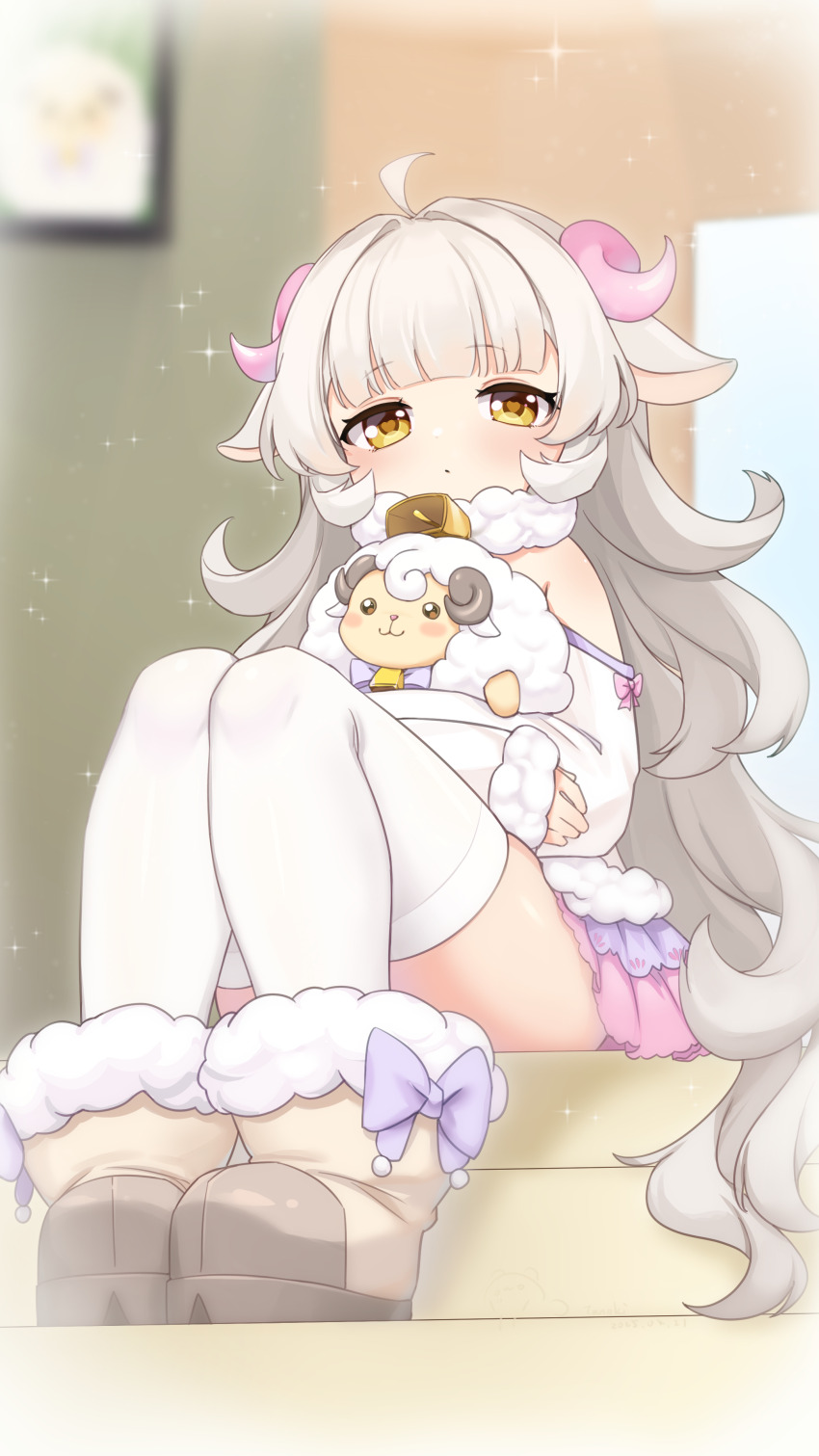 1girl :/ absurdres ahoge animal animal_ears bell boots bow closed_mouth collar commentary_request dress full_body fur-trimmed_boots fur-trimmed_dress fur-trimmed_sleeves fur_collar fur_trim heart heart-shaped_pupils highres holding holding_animal horns long_hair long_sleeves looking_at_viewer neck_bell original pink_bow pink_horns sheep sheep_ears sheep_girl sheep_horns sitting skindentation sleeve_bow solo symbol-shaped_pupils tanoki233 thighhighs very_long_hair white_collar white_dress white_hair white_thighhighs yellow_boots yellow_eyes