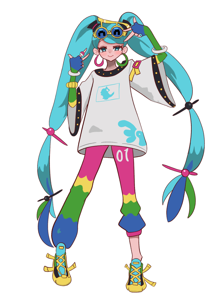 1girl aqua_eyes aqua_hair blue-tinted_eyewear blush chatot closed_mouth eyewear_on_head fingerless_gloves full_body gen_4_pokemon glasses gloves hatsune_miku highres long_hair multicolored_pants nintendo normal_miku_(project_voltage) pants pokemon project_voltage round_eyewear shirt shoes simple_background smile solo standing tinted_eyewear twintails user_rmgs7575 very_long_hair vocaloid white_background white_shirt yellow-framed_eyewear