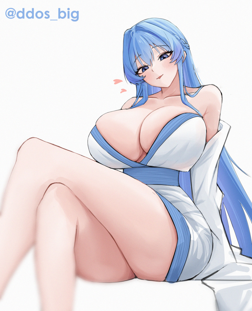 1girl absurdres alternate_costume big_ddos breasts cleavage collarbone goddess_of_victory:_nikke helm_(nikke) highres japanese_clothes kimono large_breasts simple_background sitting solo thighs twitter_username two-tone_kimono white_background white_kimono