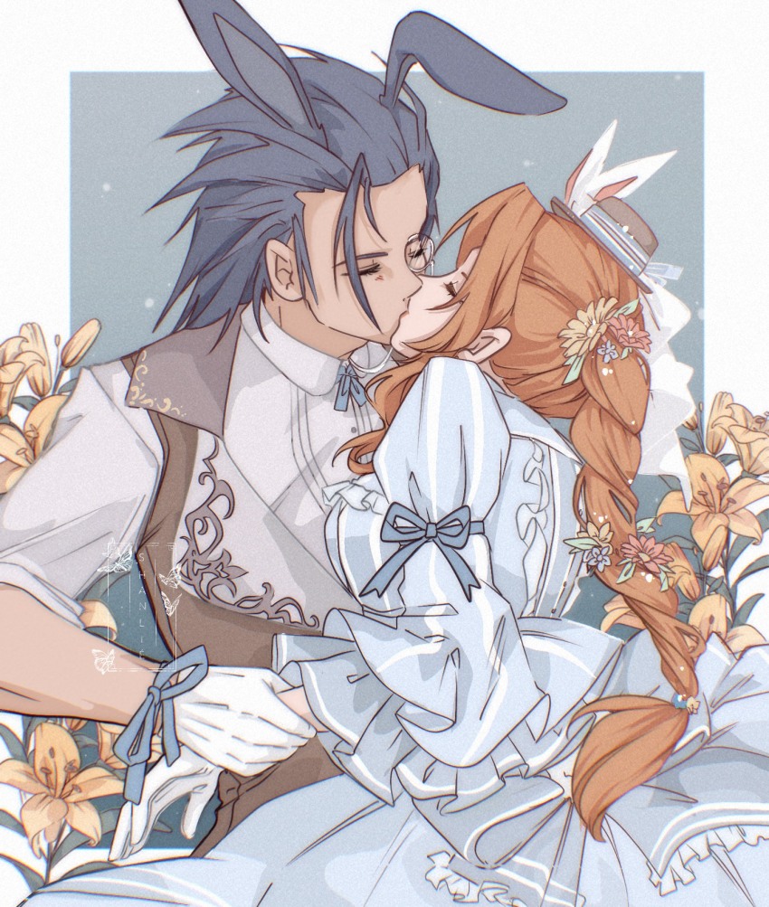 1boy 1girl aerith_gainsborough aerith_gainsborough_(classic_coney) animal_ears arm_ribbon black_hair blue_dress blue_ribbon border braid braided_ponytail brown_hair brown_vest closed_eyes collared_shirt commentary couple dress easter english_commentary facing_another final_fantasy final_fantasy_vii final_fantasy_vii_ever_crisis flower frilled_dress frilled_sleeves frills gloves hair_flower hair_ornament hair_slicked_back height_difference highres holding holding_another&#039;s_arm kiss official_alternate_costume outside_border parted_bangs rabbit_ears ribbon shanlieart shirt spiked_hair upper_body vest white_border white_gloves white_shirt wrist_ribbon yellow_flower zack_fair zack_fair_(bunny_butler)