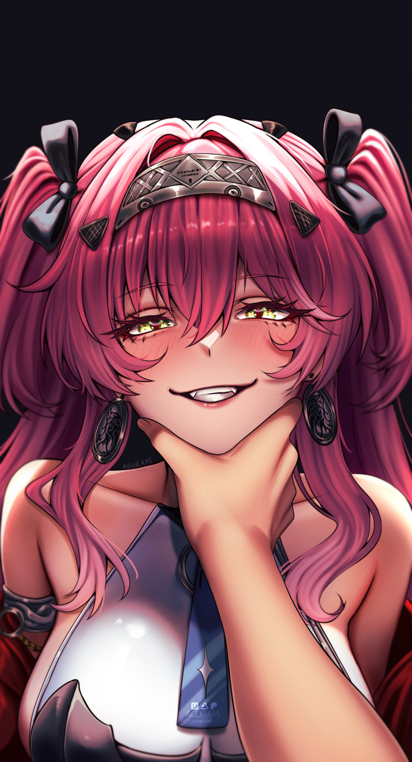 1girl 1other absurdres agurami armlet artist_name bare_shoulders black_background black_bow blush bow breasts commentary earrings english_commentary grin hair_between_eyes hair_bow hair_ornament hairband hand_on_another&#039;s_chin highres jewelry large_breasts long_hair looking_at_viewer lupa_(wuthering_waves) metal_hairband multiple_hair_bows pink_hair pov pov_hands red_sash sash signature smile teeth upper_body wuthering_waves yellow_eyes