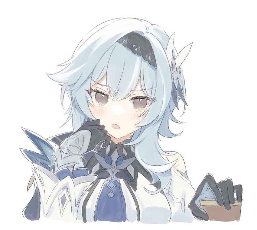 1girl black_gloves black_hairband blue_hair blue_necktie blush breasts clothing_cutout cup eula_(genshin_impact) genshin_impact gloves hair_between_eyes hair_ornament hairband holding holding_cup light_blue_hair looking_at_viewer necktie open_mouth shirase_(shirose) shoulder_cutout simple_background solo upper_body white_background