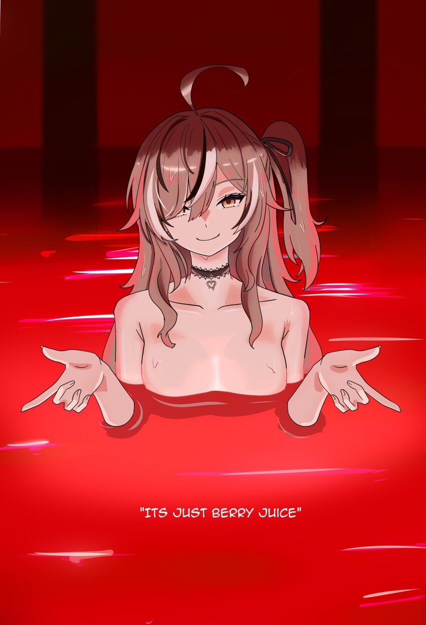 1girl absurdres ahoge ambiguous_red_liquid black_streaks breasts brown_eyes brown_hair chainsaw_man choker commentary double_l english_commentary english_text heart_pendant highres hololive hololive_english i&#039;ll_teach_you_everything_(chainsaw_man) implied_nudity lace-trimmed_choker lace_trim long_hair medium_breasts multicolored_hair nanashi_mumei nanashi_mumei_(emo) partially_submerged scene_reference shadowsky_exe side_ponytail smile streaked_hair talking virtual_youtuber white_streaks