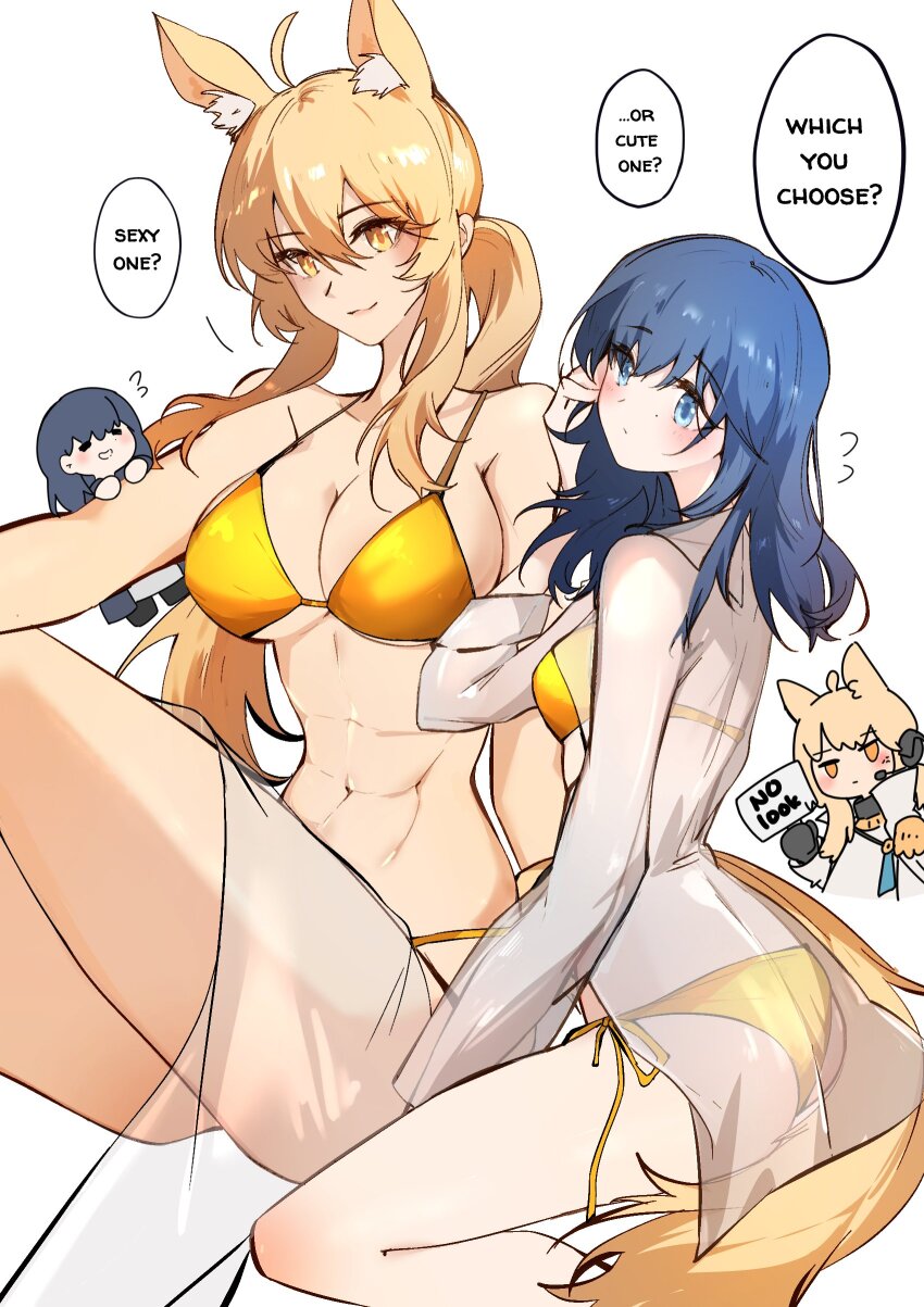 2girls abs absurdres animal_ear_fluff animal_ears arknights arya_melati bikini blonde_hair blue_eyes blue_hair blush breasts chibi collarbone commentary doctor_(arknights) english_commentary female_doctor_(arknights) gold_bikini hair_between_eyes highres holding holding_sign horse_ears horse_girl long_hair multiple_girls navel nearl_(arknights) nearl_the_radiant_knight_(arknights) ponytail side-tie_bikini_bottom sidelocks sign simple_background swimsuit white_background yellow_eyes yuri