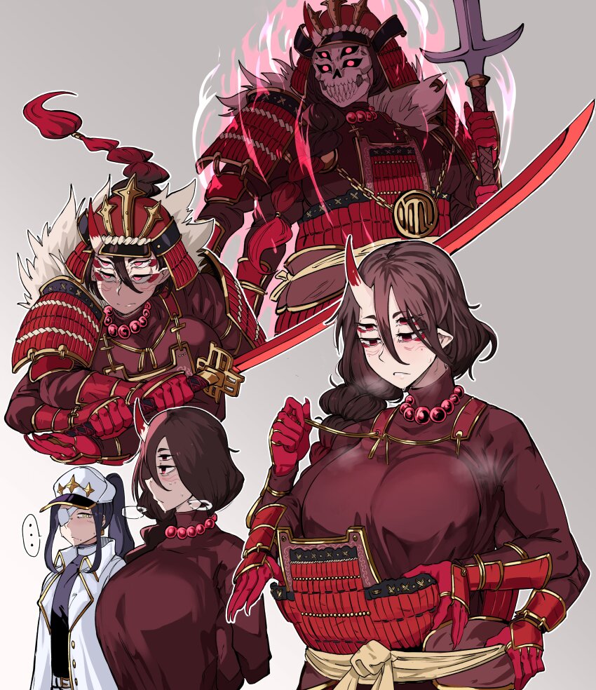 2girls absurdres antares_topaz armor bead_necklace beads braid breasts colored_extremities extra_arms extra_eyes eyepatch eyeshadow gauntlets grey_background hat helmet highres holding holding_sword holding_weapon horns huge_breasts japanese_armor jewelry kabuto_(helmet) katana libra_(antares_topaz) makeup mask multiple_girls multiple_views necklace oni original pauldrons peaked_cap polearm red_eyes red_eyeshadow scorpio_(antares_topaz) shoulder_armor single_horn skull_mask spear star_(symbol) sword weapon yari