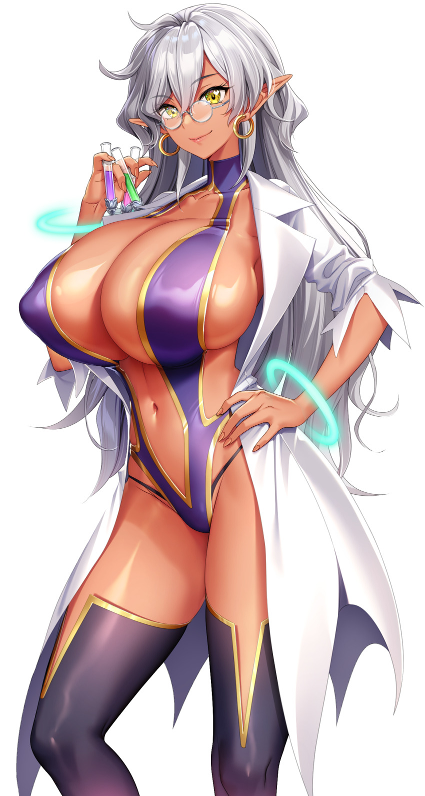 1girl absurdres akagi_rio arm_up boots breasts cleavage closed_mouth coat dark-skinned_female dark_elf dark_skin earrings elf game_cg glasses grey_hair hand_on_own_hip highres holding holding_test_tube holographic_clothing hoop_earrings huge_breasts jewelry lab_coat leotard long_hair long_pointy_ears looking_at_viewer mature_female messy_hair milk_factory motto!_haramase!_honoo_no_oppai_isekai_oppai_maid_gakuen! navel non-web_source official_art open_clothes open_coat open_leotard parthia_ramsey pointy_ears purple_leotard round_eyewear smile solo test_tube thigh_boots thighhighs transparent_background white_coat yellow_eyes