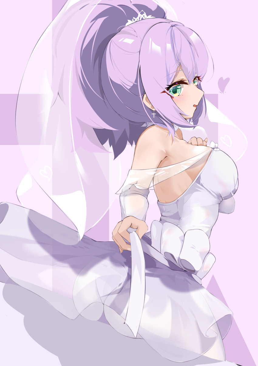 1girl absurdres azur_lane breasts commentary ct.ender dress green_eyes highres javelin_(azur_lane) javelin_(blissful_purity)_(azur_lane) large_breasts looking_at_viewer medium_hair official_alternate_costume open_mouth ponytail purple_hair sideboob smile solo veil wedding_dress white_dress