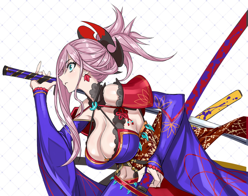 1girl asymmetrical_hair blue_eyes blue_kimono breasts cleavage clothing_cutout detached_sleeves dual_wielding earrings fate/grand_order fate_(series) hair_bun hair_ornament highres holding holding_sword holding_weapon honjou_raita japanese_clothes jewelry katana kimono large_breasts leaf_print long_hair magatama maple_leaf_print miyamoto_musashi_(fate) miyamoto_musashi_(third_ascension)_(fate) navel_cutout pink_hair ponytail sash sheath short_kimono sleeveless sleeveless_kimono solo swept_bangs sword unsheathed weapon