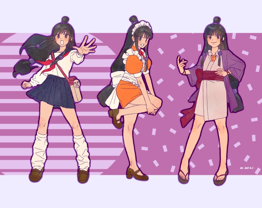 1girl ace_attorney apron arm_up artist_name back_bow bag black_eyes black_hair blue_sailor_collar blue_skirt blush bow bowtie brown_footwear clenched_hand closed_mouth dated feet female_focus flat_chest frilled_apron frills godzillapigeon1 hair_ornament hand_on_own_hip hand_up haori happy high_heels highres interlocked_fingers japanese_clothes jewelry kimono kneehighs leg_up leg_warmers legs_apart long_hair long_sleeves looking_at_viewer loose_socks low-tied_long_hair magatama magatama_necklace maid_apron maid_headdress matching_hair/eyes maya_fey miniskirt multiple_views neckerchief necklace open_mouth outline outstretched_arm own_hands_together phoenix_wright:_ace_attorney_-_trials_and_tribulations pleated_skirt puffy_short_sleeves puffy_sleeves purple_background purple_outline reaching reaching_towards_viewer red_bow red_bowtie red_neckerchief sailor_collar sandals sash school_uniform serafuku shirt shoes short_sleeves shoulder_bag sidelocks signature skirt smile socks standing standing_on_one_leg steel_samurai topknot white_apron white_kimono white_leg_warmers white_shirt white_socks wide_sleeves