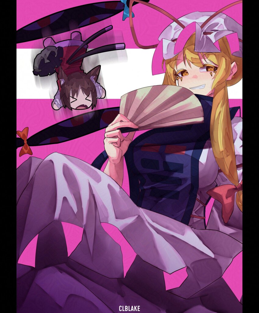 &gt;_&lt; 2girls animal_ears blonde_hair breasts cat_ears cat_girl cat_tail chen commentary corporalblake dress gap_(touhou) hand_fan hat hat_ribbon highres holding holding_fan large_breasts long_hair looking_at_viewer low-tied_long_hair mob_cap multiple_girls multiple_tails orange_eyes pillarboxed pink_background portal_(series) red_eyes ribbon sidelocks signature smile tabard tail touhou two_tails white_dress white_hat yakumo_yukari