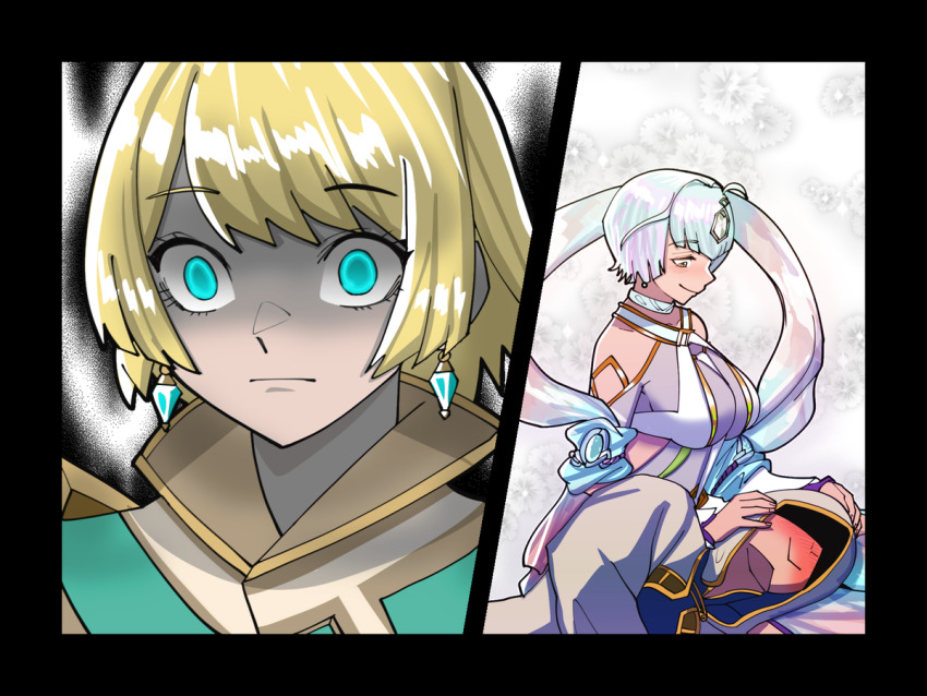 1other 2girls ambiguous_gender blonde_hair blue_eyes blush breasts cleavage closed_mouth commentary fire_emblem fire_emblem_heroes fjorm_(fire_emblem) grey_hair hood hood_up kiran_(fire_emblem) lap_pillow large_breasts mnejing30 multicolored_hair multiple_girls nintendo purple_hair seidr_(fire_emblem) shaded_face short_hair sitting smile yandere