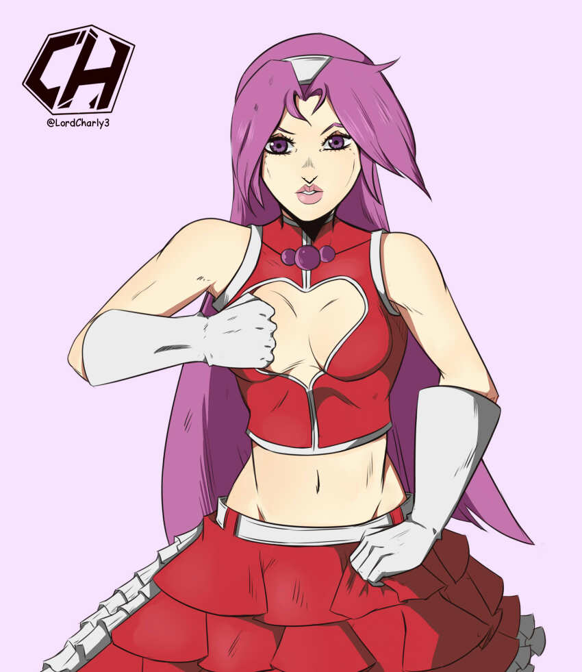 1girl absurdres artist_name asamiya_athena breasts cleavage cleavage_cutout clothes_pull clothing_cutout dirty dirty_clothes gloves highres jojo_no_kimyou_na_bouken long_hair looking_at_viewer medium_breasts midriff navel no_bra parted_lips pink_lips purple_eyes purple_hair skirt snk solo the_king_of_fighters the_king_of_fighters_2003 top_pull