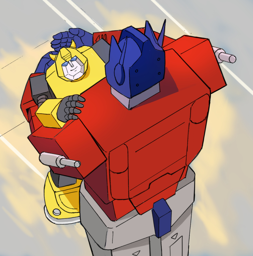 autobot back blue_eyes bumblebee_(transformers) commentary_request cowboy_shot from_above height_difference highres horns hug komagoma looking_at_another mecha mecha_focus no_humans optimus_prime robot science_fiction smile transformers