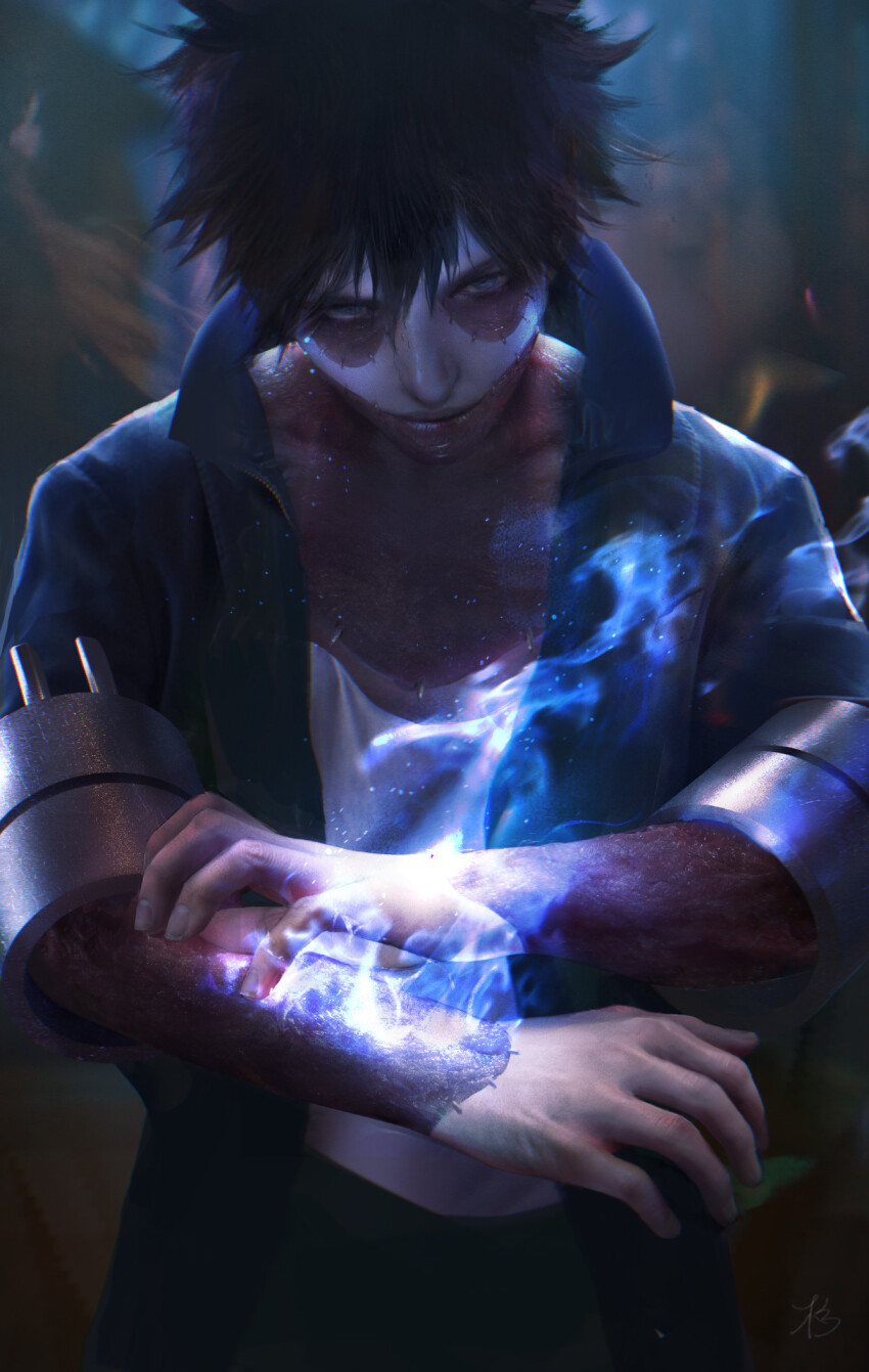 1boy black_hair black_pants blue_eyes blurry blurry_background boku_no_hero_academia closed_mouth collarbone collared_jacket colored_skin commentary dabi_(boku_no_hero_academia) english_commentary fire hair_between_eyes highres jacket looking_down male_focus open_clothes open_jacket pants purple_skin shirt signature solo spiked_hair standing stitched_arm stitched_chest stitched_face stitches sugizaki_ryuuha upper_body white_shirt