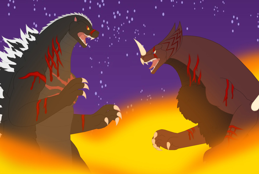 2boys absurdres battle blue_eyes claws crossover duel fire godzilla godzilla_(series) gomora highres horns kaiju monster multiple_boys no_humans open_mouth pyrus-leonidas scar scar_across_eye scar_on_face sharp_teeth single_horn teeth ultra_series ultraman_(1st_series) yellow_eyes