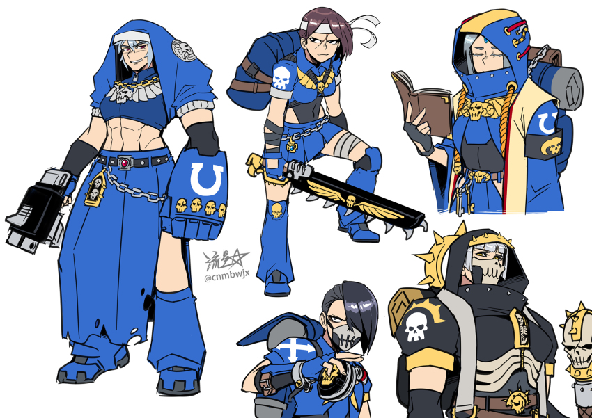 abs adeptus_astartes armor backpack bag black_eyes black_hair black_hood black_legion blue_hood bolter book brass_knuckles breasts brown_hair chainsword closed_eyes delinquent eyeliner fingerless_gloves forehead_jewel genderswap genderswap_(mtf) gloves grey_hair habit hair_over_one_eye headband highres holding holding_book holding_weapon long_skirt makeup mask medium_breasts mouth_mask muscular muscular_female power_armor power_fist red_eyes ryuusei_(mark_ii) skirt staff sukeban torn_clothes torn_skirt ultramarines warhammer_40k weapon yellow_eyes