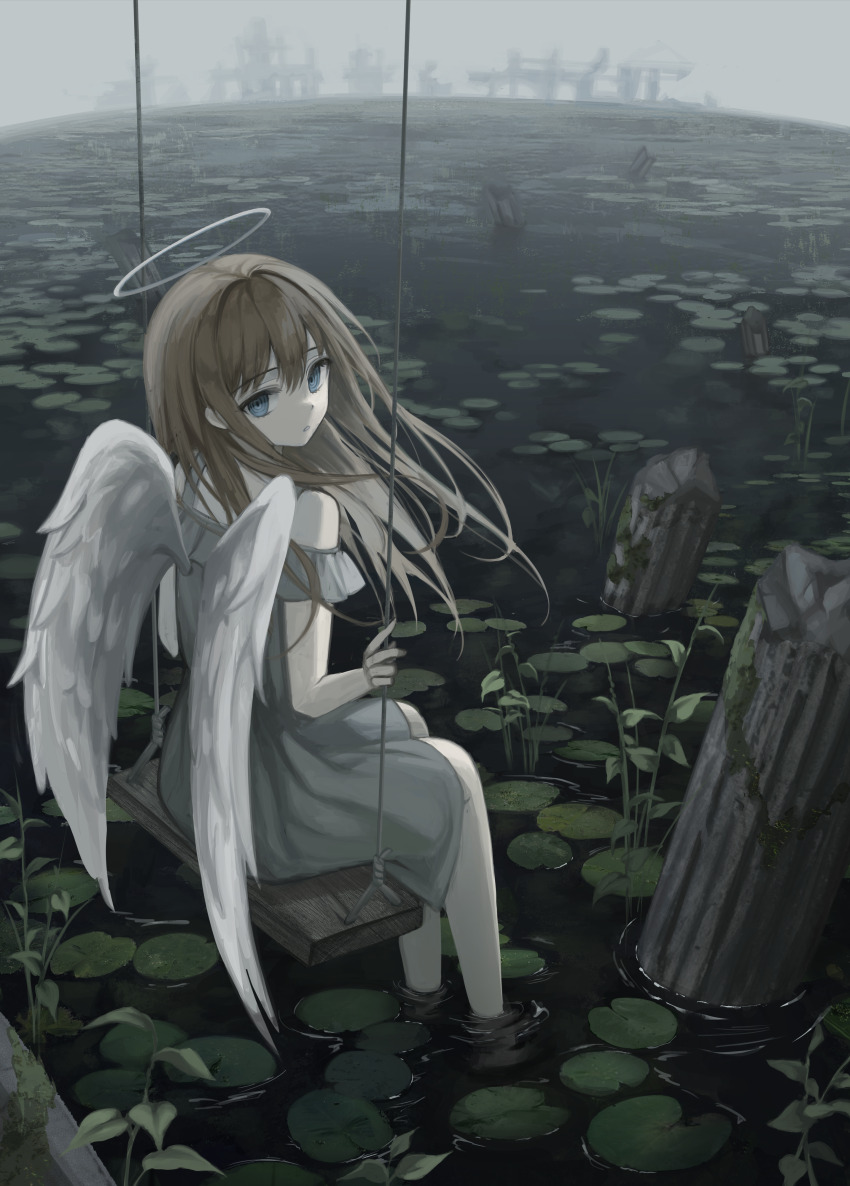 1girl @_@ absurdres angel angel_wings bare_shoulders blue_eyes brown_hair cloud cloudy_sky dress feathered_wings from_behind full_body grey_dress grey_halo halo highres kkamkkam lily_pad long_hair looking_at_viewer looking_back medium_dress on_swing original outdoors ruins sitting sky sleeveless sleeveless_dress soaking_feet solo swing water white_wings wings