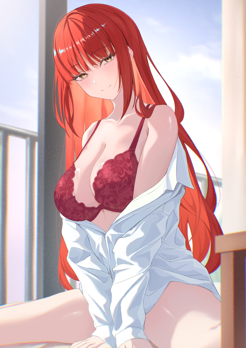 1girl absurdres bra breasts chainsaw_man closed_mouth gusa highres large_breasts light_smile long_hair looking_at_viewer makima_(chainsaw_man) red_bra red_hair shirt solo underwear white_shirt window yellow_eyes