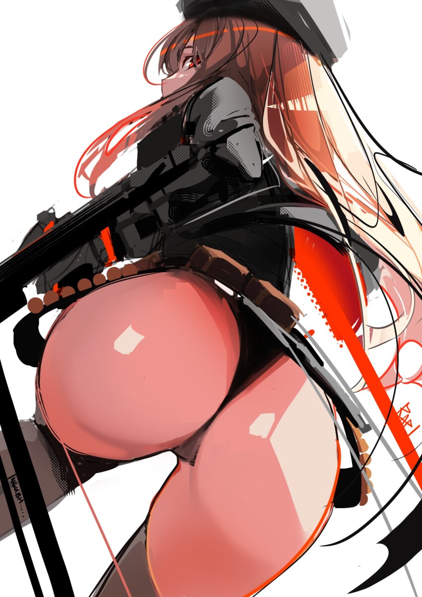 1girl ass from_below goddess_of_victory:_nikke highres leotard leotard_under_clothes long_hair looking_back rapi_(nikke) rapier revealing_clothes shiny_skin sketch solo sword tngkbmarlon weapon white_background wide_hips
