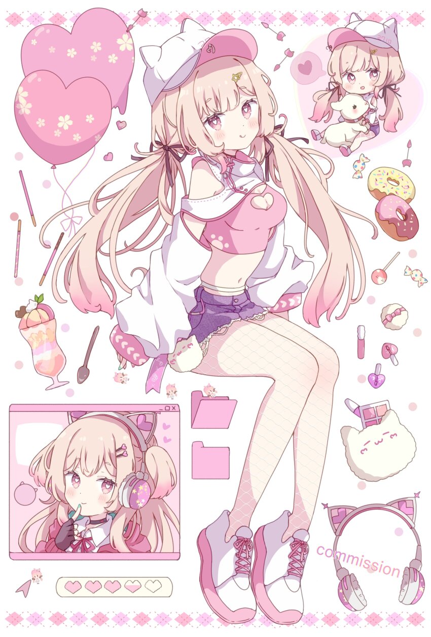 1girl :d absurdres animal_ear_headphones animal_ears balloon black_ribbon blonde_hair blush breasts brown_gloves cat_ear_headphones cat_ears chibi cleavage cleavage_cutout closed_mouth clothing_cutout commentary commission crop_top cropped_shirt cup donut drinking_glass fake_animal_ears fingerless_gloves fishnet_pantyhose fishnets food full_body gloves green_nails hair_ribbon hat headphones heart heart-shaped_pupils heart_balloon highres lipstick long_hair long_sleeves looking_at_viewer low_twintails makeup medium_breasts midriff momose_nina multiple_views nail_polish navel open_mouth pantyhose pink_eyes pink_shirt project_nebula purple_shorts ribbon shirt shoes shorts sitting skeb_commission sleeves_past_fingers sleeves_past_wrists smile sneakers spoon symbol-shaped_pupils tsukiyo_(skymint) twintails unworn_headphones virtual_youtuber white_background white_hat white_pantyhose white_shoes