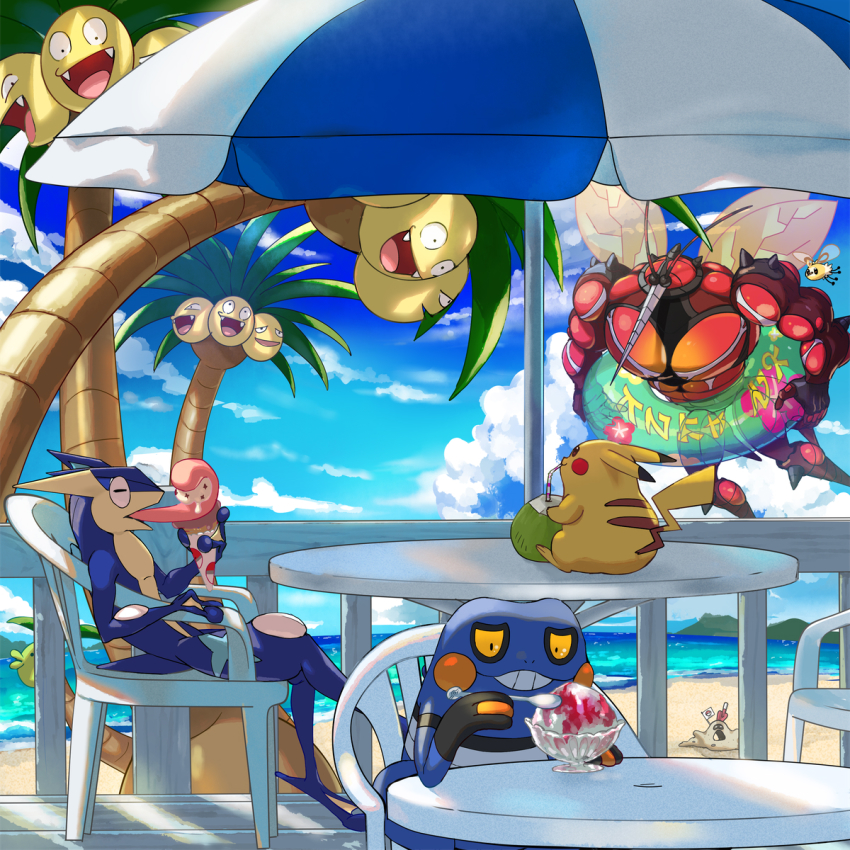 alolan_exeggutor alolan_form beach buzzwole coconut croagunk cutiefly drinking_straw exeggutor fangs food gen_1_pokemon gen_4_pokemon gen_6_pokemon gen_7_pokemon greninja highres ice_cream ice_cream_cone innertube long_tongue mikami nintendo no_humans ocean open_mouth pikachu pokemon pokemon_(creature) sand sandygast shade shaved_ice sitting swim_ring table tongue ultra_beast water