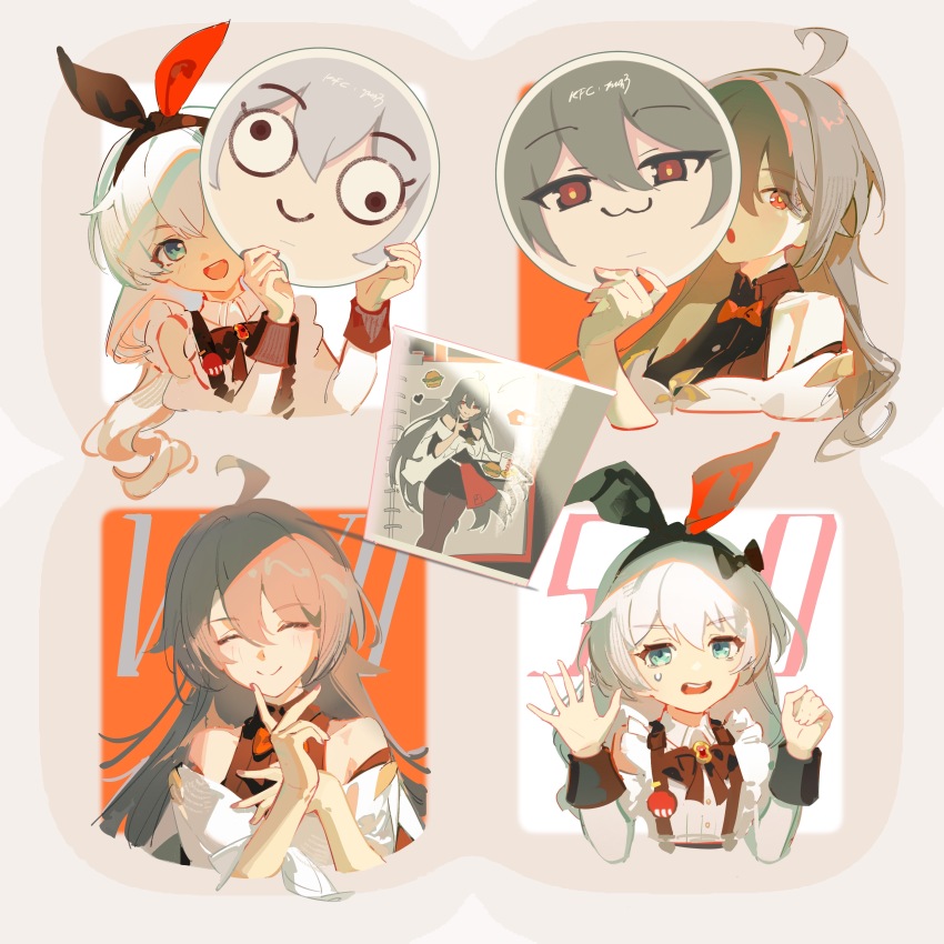 2girls :3 :o absurdres ahoge alternate_costume animal_ear_hairband animal_ears bare_shoulders black_bow black_shirt blue_eyes bow chinese_commentary closed_mouth commentary_request dress enmaided facing_viewer fake_animal_ears fast_food grey_hair hair_between_eyes hair_bow hairband hand_up highres holding holding_mask honkai_(series) honkai_impact_3rd kfc long_hair looking_at_viewer maid mask meme multiple_girls multiple_views official_alternate_costume rabbit_ear_hairband rabbit_ears rafaelaaa red_eyes shirt sidelocks smile sweatdrop teri_derp_(meme) theresa_apocalypse theresa_apocalypse_(kfc) theresa_apocalypse_(kfc)_(honkai_impact) vita_(honkai_impact) vita_(kfc)_(honkai_impact) white_dress white_hair white_shirt yellow_pupils