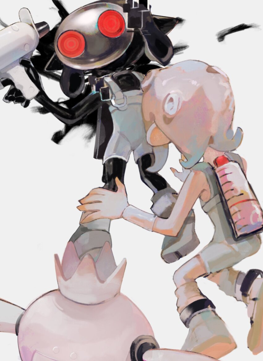 2girls agent_8_(splatoon) black_skin bodysuit colored_skin glowing glowing_eyes highres ink_tank_(splatoon) jelleton kaxk_x medium_hair multiple_girls nintendo octoling octoling_girl octoling_player_character order_shot_(splatoon) parallel_canon_(splatoon) pearl_(splatoon) pearl_drone_(splatoon) red_eyes shoes simple_background socks splatoon_(series) splatoon_3 splatoon_3:_side_order tentacle_hair white_background white_bodysuit white_footwear white_socks