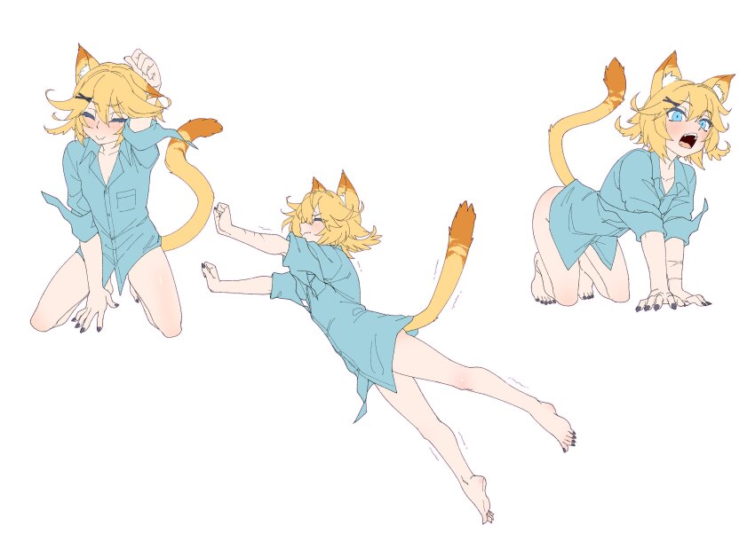 1girl absurdres all_fours animal_ear_fluff animal_ears blonde_hair blush cat_ears cat_girl cat_tail dokibird_(vtuber) highres indie_virtual_youtuber open_mouth riza23 shirt simple_background stretching tail tail_raised virtual_youtuber white_background