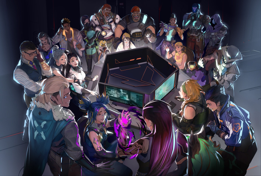 6+boys 6+girls animification astra_(valorant) beard beret black_cape black_hair blonde_hair blouse blue_eyes blue_hair blue_jacket blue_vest breach_(valorant) brimstone_(valorant) cape chamber_(valorant) collared_shirt cropped_jacket cypher_(valorant) dark-skinned_female dark-skinned_male dark_skin double_bun energy erotipop facial_hair fade_(valorant) fur_trim glasses green_headband grey_hair hair_bun hat headband highres hood hooded_jacket humanoid_robot jacket jett_(valorant) kay/o_(valorant) computer_keyboard killjoy_(valorant) lan_party laughing long_hair mask monitor multicolored_hair multiple_boys multiple_girls necktie neon_(valorant) nose_piercing nose_ring omen_(valorant) open_hand open_hands open_mouth phoenix_(valorant) piercing playing_games ponytail raze_(valorant) red_hair red_headwear red_necktie reyna_(valorant) robe robot sage_(valorant) shirt sitting skye_(valorant) sleeveless sleeveless_jacket smile sova_(valorant) streaked_hair valorant vest viper_(valorant) white_headwear white_shirt yoru_(valorant)