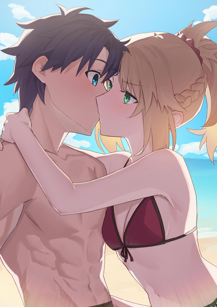1boy 1girl abs absurdres beach bikini black_hair blonde_hair blue_eyes blue_sky blush breasts cleavage cloud commentary commission english_commentary eye_contact fate/grand_order fate_(series) fujimaru_ritsuka_(male) green_eyes hetero highres hug kiss long_hair looking_at_another mordred_(fate) mordred_(swimsuit_rider)_(fate) mordred_(swimsuit_rider)_(first_ascension)_(fate) muscular muscular_male navel official_alternate_costume outdoors ponytail profile red_bikini second-party_source short_hair sky small_breasts stomach swimsuit topless_male yu_sakae