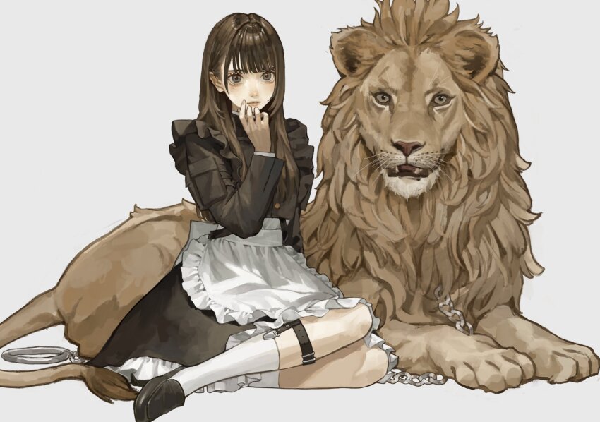 1girl apron black_dress black_footwear black_hair blunt_bangs chain dress fangs frilled_apron frilled_dress frills full_body grey_background grey_eyes hand_on_own_chin hand_up highres kneehighs lion lips long_hair long_sleeves looking_at_viewer mole mole_under_eye original parted_lips sakauchi_waka simple_background sitting socks solo teeth thigh_strap waist_apron white_apron white_socks yokozuwari