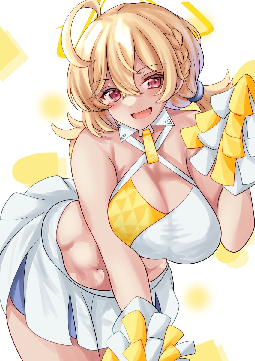 1girl absurdres ahoge blonde_hair blue_archive blush braid breasts cheerleader cleavage commentary_request cowboy_shot criss-cross_halter hair_between_eyes halterneck highres hisagi_(hisagi00) holding holding_pom_poms kotori_(blue_archive) kotori_(cheer_squad)_(blue_archive) large_breasts leaning_forward looking_at_viewer low_twintails medium_hair navel open_mouth pink_eyes pom_pom_(cheerleading) pom_poms skirt smile solo tank_top twintails white_background white_skirt white_tank_top