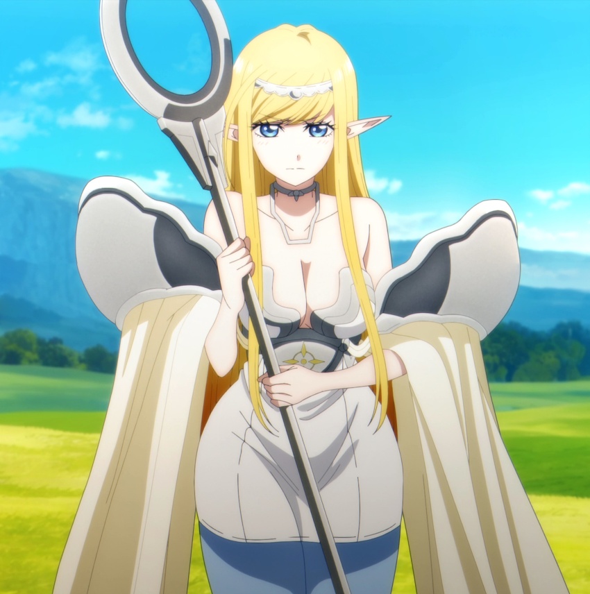 1girl absurdres alternate_costume annette_(isekai_shikkaku) blonde_hair blue_eyes breasts cleavage curvy dress elf highres isekai_shikkaku large_breasts legs long_hair looking_at_viewer official_alternate_costume pointy_ears serious sleeveless solo staff stitched thighs third-party_edit very_long_hair wide_hips