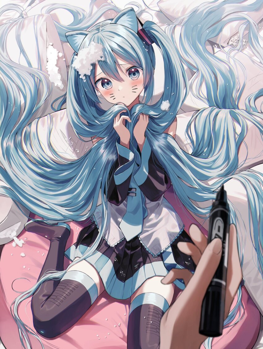 1boy 1girl :t absurdly_long_hair animal_ear_fluff animal_ears bare_shoulders black_boots black_skirt black_sleeves blue_eyes blue_hair blue_necktie blush boots cat_day cat_ears closed_mouth commentary_request detached_sleeves facial_mark hair_between_eyes hands_up hatsune_miku head_tilt highres holding holding_marker kemonomimi_mode long_hair long_sleeves marker necktie pentagon_(railgun_ky1206) pillow pleated_skirt pout shirt sitting skirt sleeveless sleeveless_shirt solo_focus thigh_boots tie_clip twintails very_long_hair vocaloid wariza whisker_markings white_shirt wide_sleeves