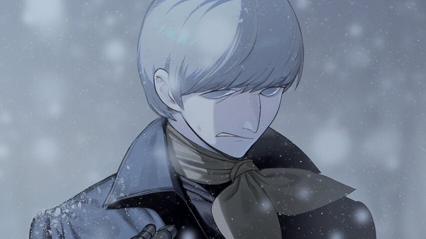 1boy albert_heinrich big_nose black_coat black_shirt coat cyborg cyborg_009 dynamic_pose grey_hair hair_between_eyes looking_to_the_side male_focus mechanical_hands scarf shirt short_hair snowing straight_hair white_eyes winter yagi_009 yellow_scarf