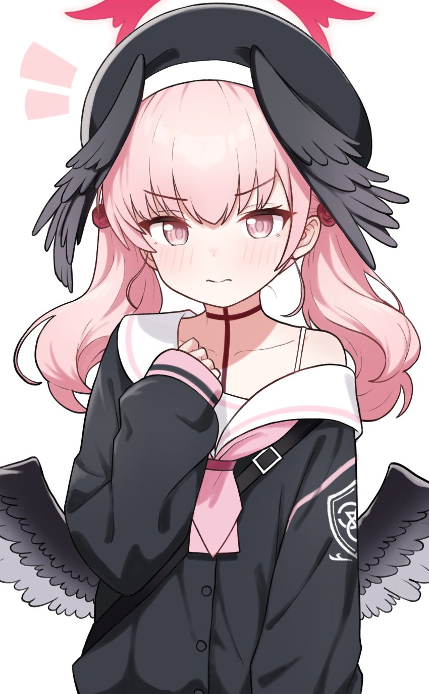 1girl absurdres bag beret black_bag black_wings blue_archive blush closed_mouth collarbone feathered_wings halo hat head_wings highres koharu_(blue_archive) korean_commentary long_hair long_sleeves looking_at_viewer low_wings neckerchief off_shoulder pink_eyes pink_hair pink_neckerchief red_halo saho_4545 sailor_collar shirt shoulder_bag simple_background solo spread_wings twintails upper_body white_background white_sailor_collar winged_halo winged_hat wings