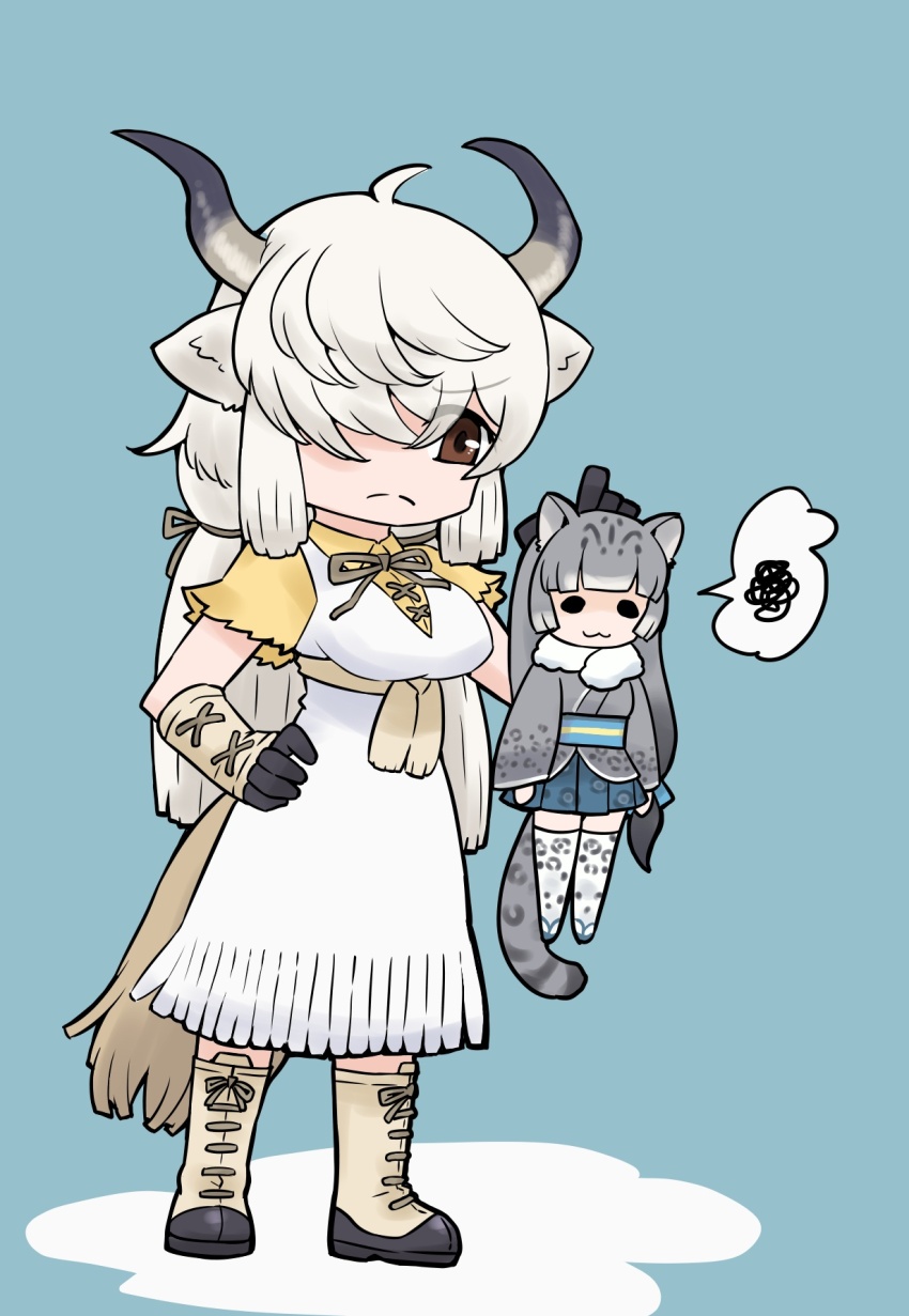 :3 aged_down animal_ears animal_print belt blue_belt blue_sky blunt_bangs boots brown_eyes dress frilled_dress frilled_sleeves frills fur_collar gloves gravi_pig4891 grey_hair grey_kimono hair_over_one_eye height_difference highres japanese_clothes kemono_friends kimono leopard_ears leopard_girl leopard_print leopard_tail long_hair ox_ears ox_girl ox_horns ox_tail pleated_skirt print_kimono print_skirt print_thighhighs shirt short_kimono short_sleeves sidelocks skirt sky snow_leopard_(kemono_friends) t-shirt tail thighhighs twintails white_dress white_footwear white_fur white_gloves white_thighhighs yak_(kemono_friends) yellow_shirt zettai_ryouiki
