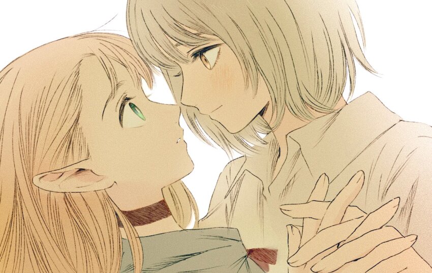 2girls blonde_hair choker dungeon_meshi eye_contact falin_touden frs2 green_eyes holding_hands interlocked_fingers looking_at_another marcille_donato multiple_girls parted_lips pointy_ears simple_background upper_body white_background yellow_eyes yuri