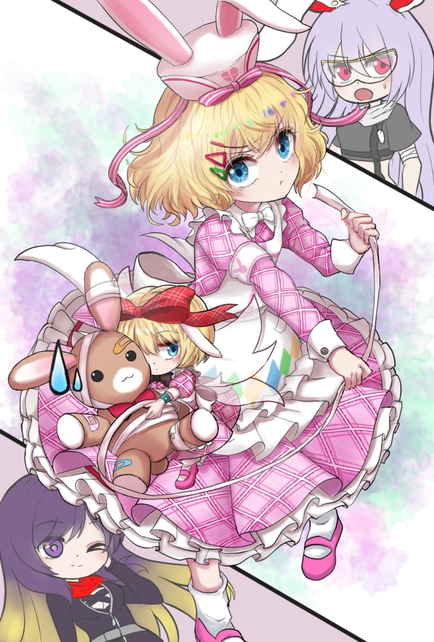 3girls :t animal_ears apron armband arms_up bandages bandaid bandana belt black_shirt blonde_hair blue_background blue_eyes bobby_socks bodysuit bow bowtie brown_hair commentary_request crop_top dress goggles gradient_background gradient_hair hair_ornament hair_ribbon hairclip hand_on_own_cheek hand_on_own_face hat highres hijiri_byakuren holding holding_bandages holding_stuffed_toy kayon_(touzoku) long_hair long_sleeves looking_at_viewer mary_janes medicine_melancholy medicine_melancholy_(rabbit-eared_soldier) multicolored_hair multiple_girls nurse_cap open_bodysuit open_clothes pink_background pink_dress pink_shoes plaid_clothes plaid_dress pout purple_eyes purple_hair rabbit_ears rabbits_foot red_eyes reisen_udongein_inaba ribbon shirt shoes short_hair short_sleeves sleeve_cuffs socks split_screen stuffed_animal stuffed_rabbit stuffed_toy su-san sweatdrop touhou touhou_lostword turbo_byakuren very_long_hair white_apron white_legwear white_neckwear wristband