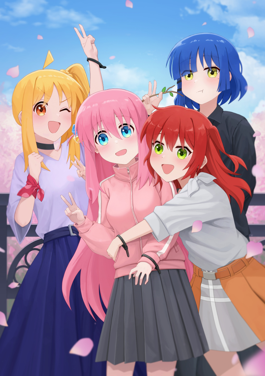 4girls absurdres ahoge alternate_costume arm_up bad_tag belt belt_buckle black_shirt blonde_hair blue_belt blue_eyes blue_hair blue_shirt blue_sky blunt_ends blurry blurry_background blush bob_cut bocchi_the_rock! bow branch breasts buckle cherry_blossoms cherry_tree cloud collared_shirt commentary_request cowboy_shot cube_hair_ornament day detached_sleeves eating falling_petals gotoh_hitori green_eyes grey_shirt grey_skirt group_picture hair_ornament hairclip hand_up height_difference highres holding holding_branch hug_from_side ijichi_nijika jacket kita_ikuyo large_breasts long_hair long_skirt long_sleeves looking_at_viewer mole mole_under_eye multicolored_skirt multiple_girls naeaemgung one_eye_closed one_side_up open_mouth orange_belt orange_eyes orange_skirt outdoors parted_bangs petals pink_hair pink_jacket pleated_skirt polka_dot_wristband ponytail_with_braided_base purple_skirt red_hair shirt shirt_bow short_hair short_sleeves side_ponytail skirt sky smile solo standing straight_hair three-quarter_sleeves track_jacket tree triangle_mouth v v-shaped_eyebrows very_long_hair wrist_straps wristband yamada_ryo zipper zipper_pull_tab