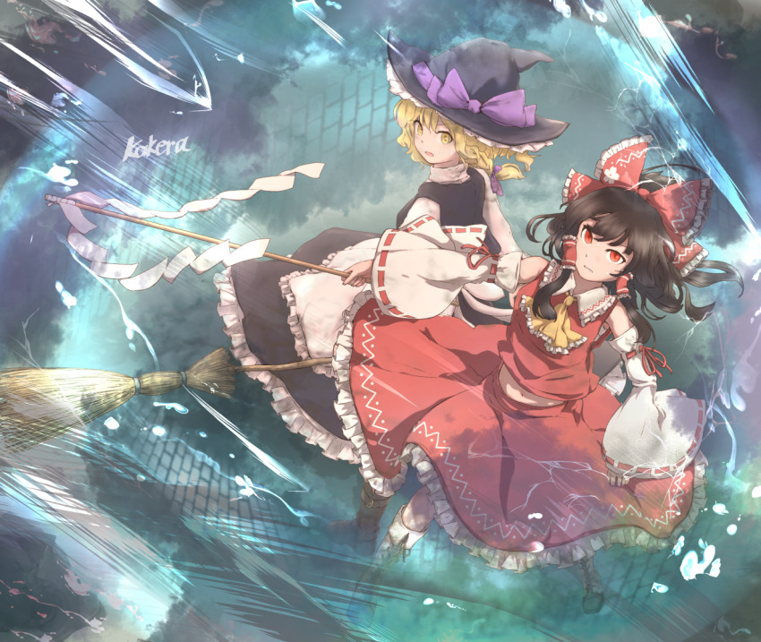 2girls apron artist_name ascot black_hat black_vest blonde_hair boots bow braid broom brown_boots brown_hair closed_mouth commentary_request detached_sleeves frilled_bow frilled_hair_tubes frilled_skirt frills gohei hair_bow hair_tubes hakurei_reimu hat hat_bow holding holding_broom holding_gohei kakera_(comona_base) kirisame_marisa lace-up_boots long_hair looking_at_viewer multiple_girls navel open_mouth petal_print print_bow purple_bow red_bow red_eyes red_skirt ribbon-trimmed_sleeves ribbon_trim side_braid single_braid skirt skirt_set touhou vest waist_apron white_apron white_boots witch_hat yellow_ascot yellow_eyes