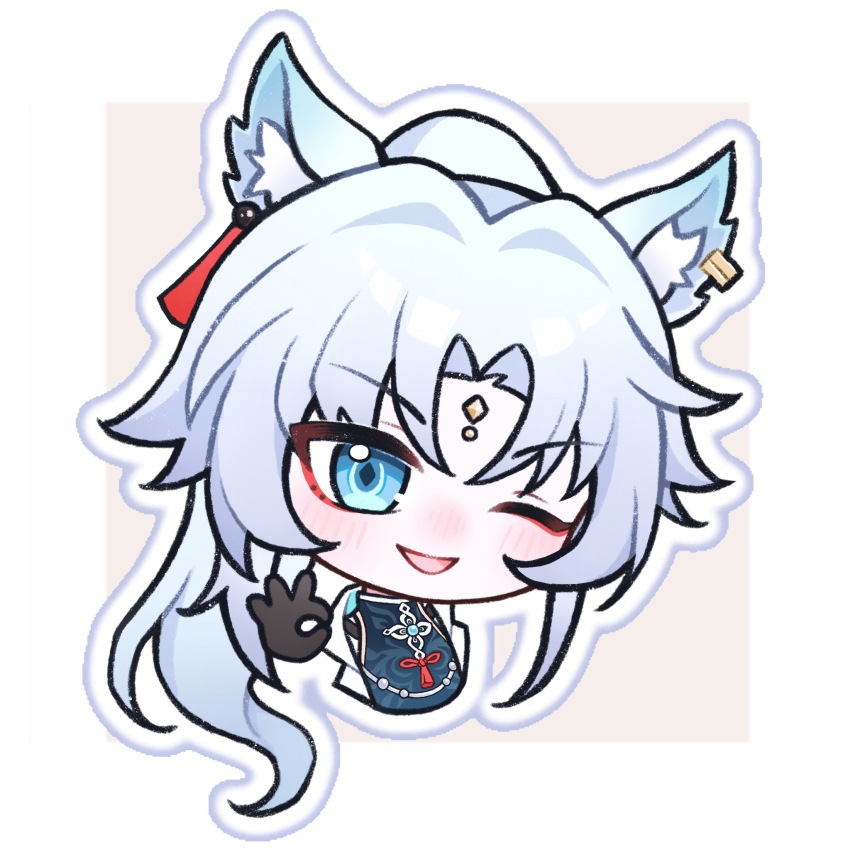 1girl ahoge animal_ears blue_eyes chibi feixiao_(honkai:_star_rail) fox_ears gloves highres honkai:_star_rail honkai_(series) long_hair looking_at_viewer one_eye_closed open_mouth ponytail ruo_qi smile solo v white_hair