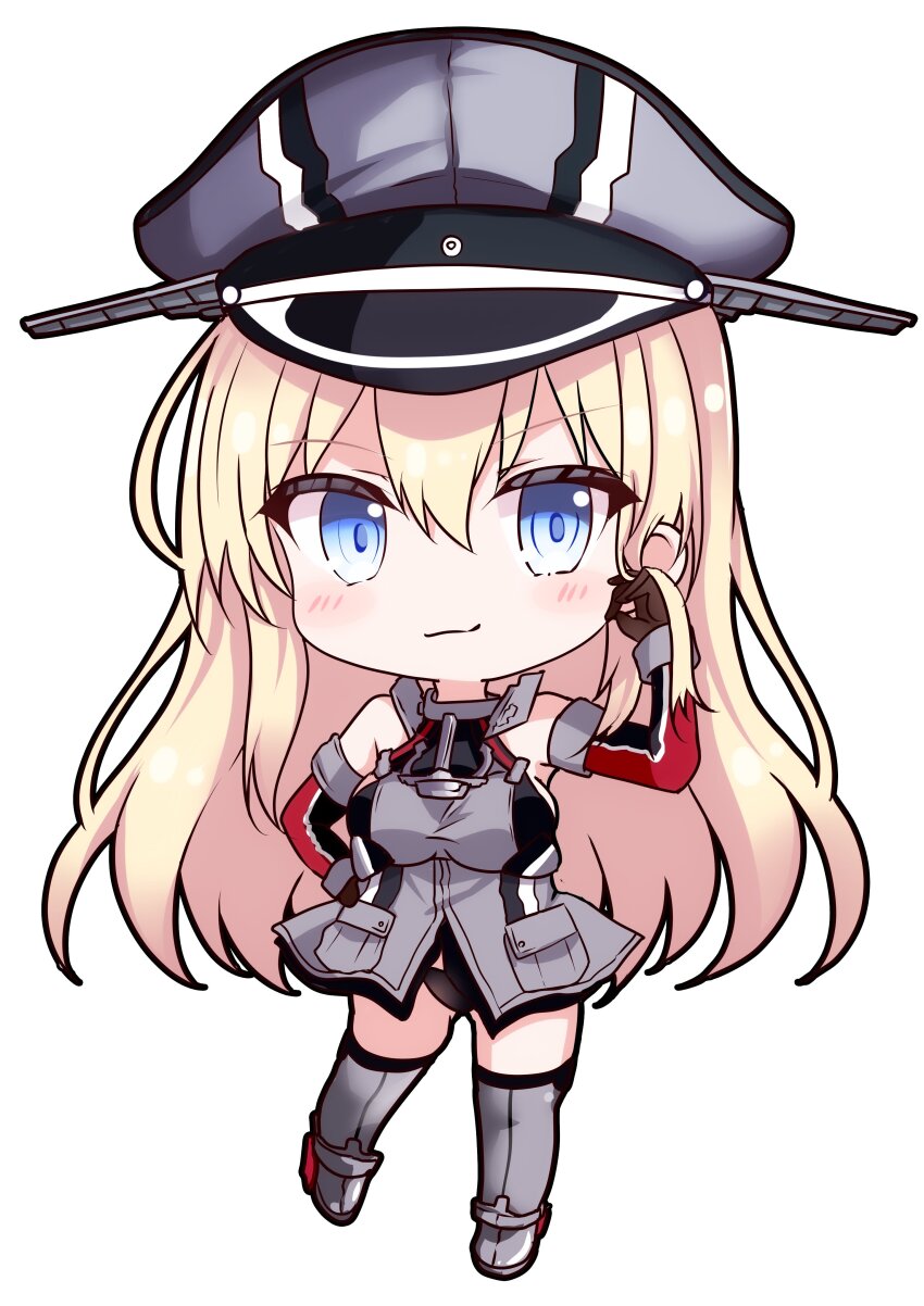 1girl absurdres anchor_choker bare_shoulders bismarck_(kancolle) black_panties blonde_hair blue_eyes brown_gloves chibi detached_sleeves front_slit gloves grey_thighhighs hat headgear highres himura_moritaka kantai_collection long_hair looking_at_viewer military_hat military_uniform no_pants panties peaked_cap simple_background solo thighhighs underwear white_background