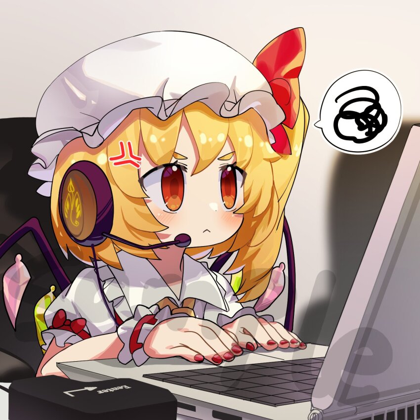 1girl :&lt; anger_vein ascot blonde_hair blush bow chair closed_mouth collared_shirt computer crystal flandre_scarlet frilled_shirt_collar frilled_sleeves frills hat headphones highres hxj_(2324184595) indoors laptop looking_at_screen medium_hair mob_cap multicolored_wings nail_polish office_chair one_side_up puffy_short_sleeves puffy_sleeves red_bow red_eyes red_nails red_ribbon red_vest ribbon sample_watermark shirt short_sleeves sleeve_bow sleeve_ribbon solo speech_bubble swivel_chair touhou vest watermark white_hat white_shirt wings wrist_cuffs yellow_ascot