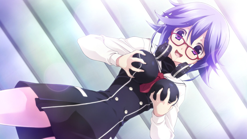 1girl between_breasts black_dress breasts breasts_apart breasts_squeezed_together buttons chaos;child chest_bow double-breasted dress dress_shirt drooling game_cg glasses grabbing_own_breast hair_between_eyes headphones headphones_around_neck hekiho_academy hekiho_academy_school_uniform high_collar highres kazuki_hana large_breasts long_sleeves looking_at_breasts looking_at_viewer necktie necktie_between_breasts non-web_source official_art open_mouth purple_eyes purple_hair red-framed_eyewear red_necktie sailor_collar saliva sasaki_mutsumi school_uniform shirt short_hair sidelocks smile solo squeezing standing thick_thighs thighhighs thighs tongue