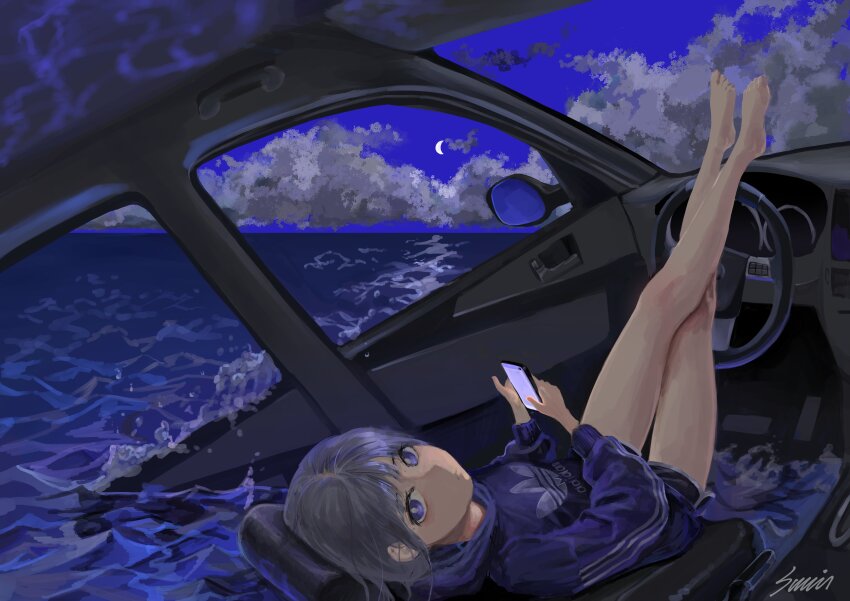 1girl absurdres adidas anorak_(sumin_05) bare_legs barefoot black_shorts blue_hoodie blue_sky bright_pupils car_interior cellphone closed_mouth clothes_writing cloud commentary_request crescent_moon crossed_legs expressionless eyelashes flood full_body grey_hair hair_spread_out highres holding holding_phone hood hood_down hoodie knees korean_commentary lips long_hair long_sleeves looking_at_viewer moon night ocean on_chair original phone puffy_long_sleeves puffy_sleeves purple_eyes short_shorts shorts side-view_mirror signature sitting sky smartphone solo splashing steering_wheel toes water_drop waves white_pupils