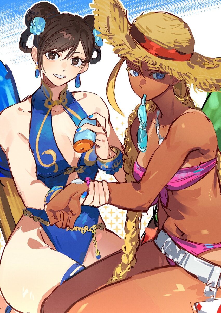 2girls applying_sunscreen belt bikini black_hair blonde_hair blue_eyes blue_one-piece_swimsuit bracelet braid braided_hair_rings breasts brown_eyes brown_hair cammy_white capcom chun-li commentary dark-skinned_female dark_skin earrings flower hair_flower hair_ornament hair_rings hat highleg highleg_one-piece_swimsuit highres jewelry looking_at_viewer loose_belt lotion multiple_girls official_alternate_costume official_alternate_hairstyle one-piece_swimsuit pink_bikini smile strapless strapless_bikini straw_hat street_fighter street_fighter_6 sunscreen swimsuit symbol-only_commentary tan tanline thighs twintails white_belt yumi_xsh