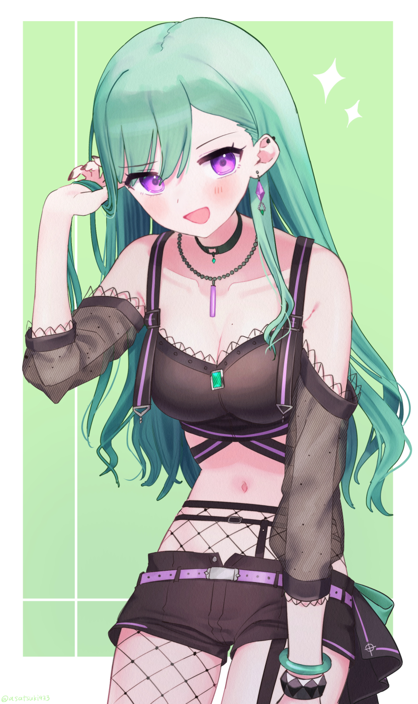 1girl :d absurdres asatsuki933 bangle bare_shoulders belt black_nails black_shorts bracelet breasts cleavage collarbone cowboy_shot ear_piercing earrings fishnet_pantyhose fishnets garter_straps green_background green_eyes green_hair hand_in_own_hair highres jade_bangle jewelry lace lace-trimmed_shirt lace-trimmed_sleeves lace_trim leaning_forward long_hair looking_at_viewer micro_shorts midriff mole mole_on_breast navel necklace off-shoulder_shirt off_shoulder open_mouth overskirt pantyhose pendant_choker piercing purple_belt purple_eyes see-through_clothes see-through_sleeves shirt shorts smile solo swept_bangs virtual_youtuber vspo! yakumo_beni yakumo_beni_(1st_costume)