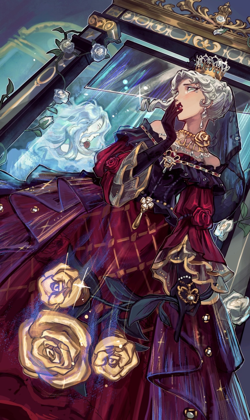1girl black_gloves black_veil blue_eyeshadow bracelet crown curtained_hair different_reflection dress drill_hair drill_sidelocks elbow_gloves eyeshadow feet_out_of_frame flower flower_necklace frilled_dress frills gloves gown grey_eyes guillotine hair_bun hand_to_own_mouth highres holding holding_flower identity_v jewel_under_eye jewelry juliet_sleeves lipstick long_sleeves looking_back makeup mary_(false_hope)_(identity_v) mary_(identity_v) necklace off-shoulder_dress off_shoulder official_alternate_costume parted_bangs parted_lips puffy_sleeves red_dress red_lips reflection ring rose sidelocks single_hair_bun single_sidelock solid_eyes solo standing tarou_(tarou_oz) veil white_flower white_rose yellow_flower yellow_rose